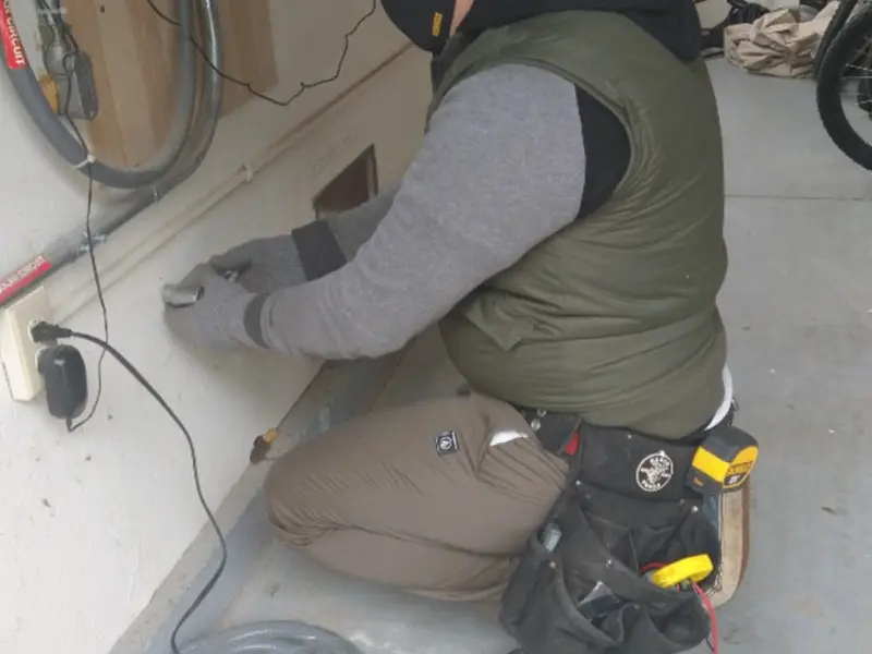 Electrician performing outlet wiring in a Bolingbrook garage
